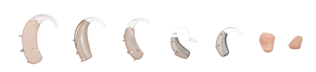 Different types of hearing aids lined up